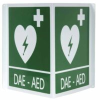 Cartello segnalatore DAE/AED doppio in alluminio 34x36 cm per defibrillatori